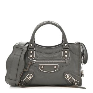 AUTH BALENCIAGA CITY Gray mini metallic edge Bag small +crossbody strap mirror